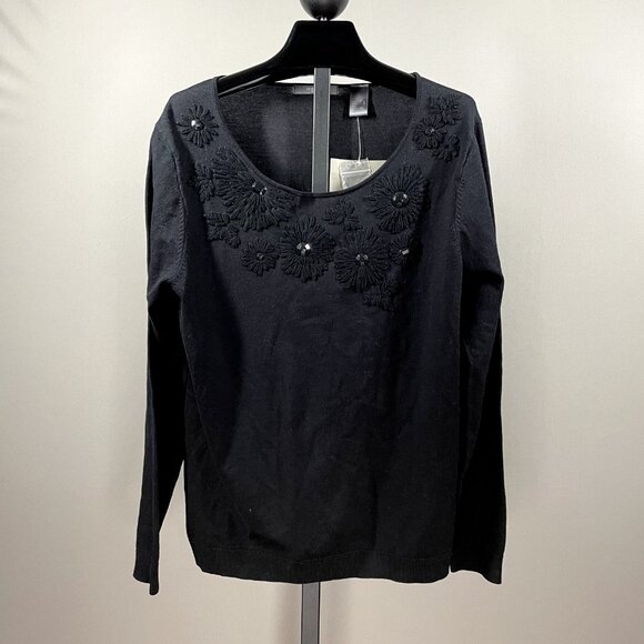 NEW Liz Claiborne Sweater Womens Large black silk knit floral pull over - Picture 1 of 11